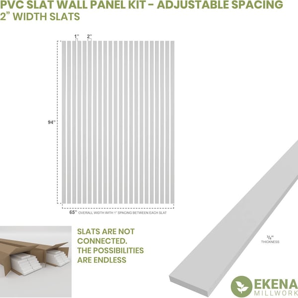 94H X 3/8T Adjustable PVC Slat Wall Panel Kit W/ 2W Slats, Unfinished Contains 22 Slats